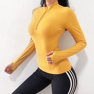 Venta al por mayor de alta calidad fina transpirable media cremallera delgada ropa de Yoga de las mujeres de manga larga 100% camiseta de poliéster para los hombres - Product Image 2