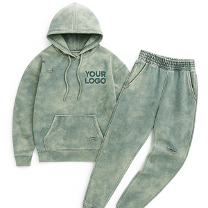 Custom Acid Wash Pullover Hoodie & Sweatpant Chándal Sun Faded Distressed Custom Logo Sets para Hombres Mujeres - Product Image 4