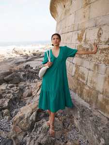 Look attrayant tissu de gaze de coton bohème mi-longueur coupe ample Maxi robe vacances col en V avec robe à demi-manches - Product Image 3