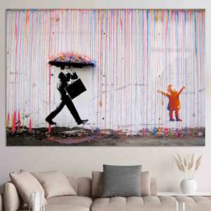 Tableau imprimé sur toile : Scène urbaine vibrante avec des enfants et des parapluies de Banksy, Verre - Product Image 1