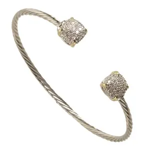 2 Tone Real Vergulde Kabel Bangle Manchet Met Zirconia Pave Tip * TB042