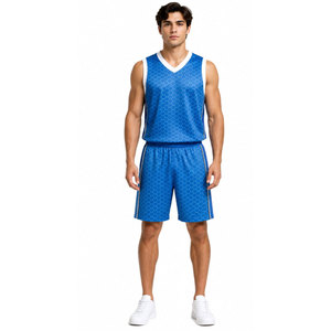 Conjunto de Uniforme de Baloncesto Azul sin Mangas con Cuello en V y Patrón Geométrico, Ropa Deportiva de Verano - Product Image 4