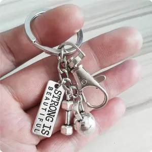 hot promotional Stainless Steel Fitness gym Key chains Quotes Weight Plate Dumbbell Kettlebell Metal Keychain Charms Key rings