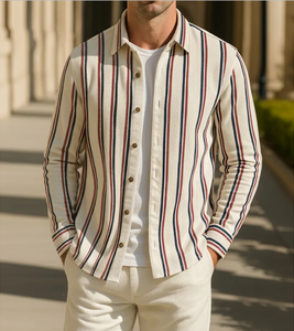 Cream <b>Corduroy</b> Striped Long Sleeve Overshirt Contrast Burgundy Navy Stripe Casual <b>Shirt</b> Jacket - Product Image 1