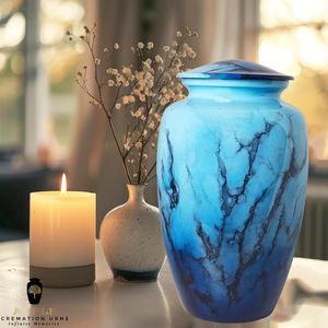 Metal Blue Cremation Urn Elegant Aluminum <b>Memorial</b> Urn with Meena Coating Large <b>Keepsake</b> Sizes Secure & Engravable - Product Image 1
