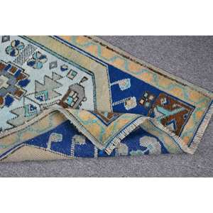Classique Bleu Beige 1.7 X 3.4ft Vintage Tapis Turc À La Main Patchwork Conception Laine Bambou Soie Latex pour Salon Couloir Rectangle - Product Image 4