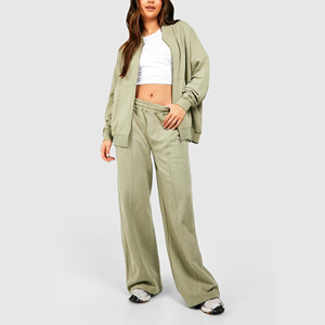 OEM <b>Women's</b> Solid Embroidered Lace Oversized Zip Hoodie <b>Pants</b> 2 Piece Set 100% Cotton Hip Hop Tracksuit - Product Image 1