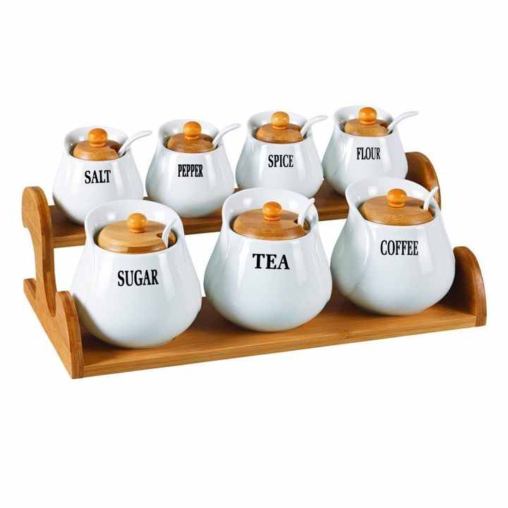 Porcelain Spice Set With White Bamboo Stand