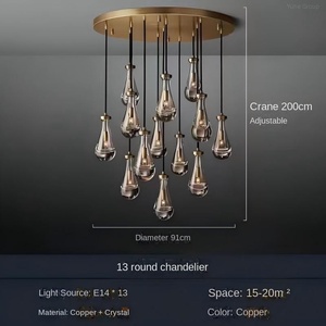 <b>Light</b> Faint Oval Glass <b>Crystal</b> Water Drop <b>Chandelier</b> Dimmable LED Copper 45 Beam Angle for Restaurant Living Room Dining Room - Product Image 6