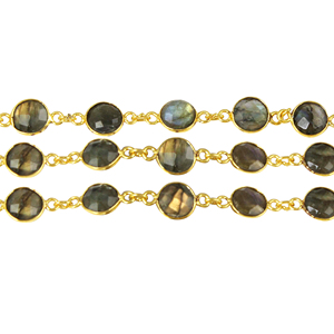 18k Gold Plated Round Shape <b>Labradorite</b> Gemstones Bezel Set Connector Sterling Silver Chain - Product Image 2