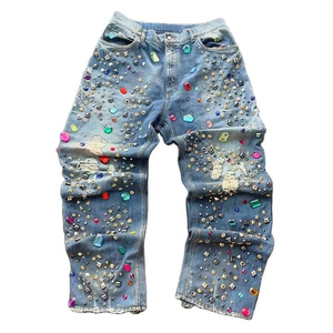 กางเกงยีนส์ขายาวสำหรับผู้ชายกางเกงผ้าเดนิมขาตรงประดับด้วยพลอยเทียมกางเกงซักได้ - Product Image 6