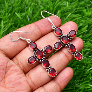 Unique <b>Red</b> Garnet Gemstone <b>Earring</b> 925 Sterling Silver Handmade Designer Hook <b>Drop</b> Dangle Jewelry January Birthstone - Product Image 2