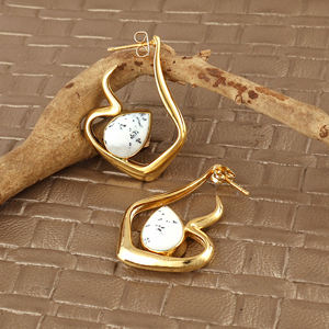 Boucles d'oreilles pendantes en forme de poire en opale dendrite naturelle, plaquées or 18 carats, en laiton, bijoux de mode pour femmes, accessoires en gros - Product Image 2