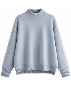 Ensemble de détente en tricot pour femmes, pull à col rond bleu clair et pantalon à taille élastique, tenue décontractée d'hiver en deux pièces pour femmes, confortable - Product Image 1