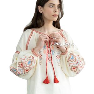 Blusa de Lino 100% para Mujer, Bordada, Tejida, Cintura Alta, Bordado de Alta Calidad, Manga Larga, Cuello en V, Informal, Formal, Verano, Moda - Product Image 1