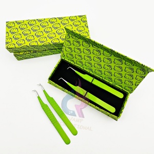 Pinzas verdes de bota delgada de 90 grados de alta precisión, cajas de pinzas de pestañas Hello Kitty ecológicas, puntiagudas para extensiones de pestañas - Product Image 1
