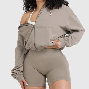 Sweat-shirt à capuche zippé surdimensionné décontracté pour femme, 100 % coton, lavé, uni, respirant, en tissu éponge français, pour le sport et la gym - Product Image 1