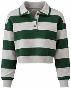 Suéter Corto Tipo Polo a Rayas Verde y Gris para Mujer, con Botones, Manga Larga, Tejido Suave, Informal, para Invierno, Prenda de Moda - Product Image 1