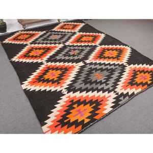 Alfombra de 7.1x9 pies, Alfombra Turca Vintage, Alfombra de Lana Kilim Negra - Product Image 1