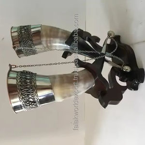 Modern Design Drinking Horn, Medieval Natural Handcrafted Horn With Wooden <b>Stand</b> Medieval Style By Falak World Export - Product Image 4