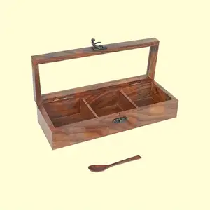 木制香料盒手工制作的Nautral抛光3隔板，带勺子，用于厨房和餐桌干果和香料