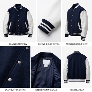 Premium Navy <b>Leather</b> Sleeve Letterman <b>Jacket</b> Wool Body Embroidered Patch Bomber College Streetwear <b>Jacket</b> Custom OEM ODM Bulk US - Product Image 5