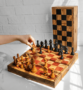 Jeu d'échecs de voyage pliable avec rangement, plateau en bois à carreaux rouges ou noirs, 16-35 cm, vente en gros - Product Image 2