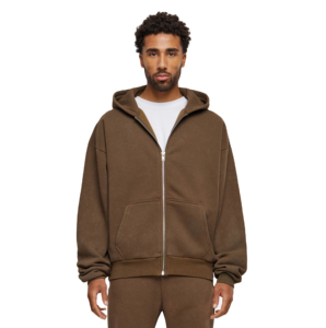 Sweat-shirt à capuche zippé surdimensionné pour homme, en coton marron uni, tissu French Terry, décontracté, pour l'automne - Product Image 1