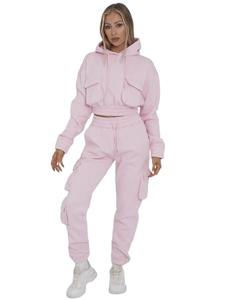 Chándal de bolsillo para mujer, conjunto de salón de 2 piezas con Sudadera con capucha corta, elegante comodidad informal de invierno y uso diario - Product Image 5