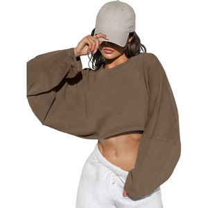 2025 nueva llegada de las mujeres 100% algodón Hip Hop Streetwear hombro caído Sudadera con capucha Logo frontal Heavyweight Crop invierno - Product Image 6