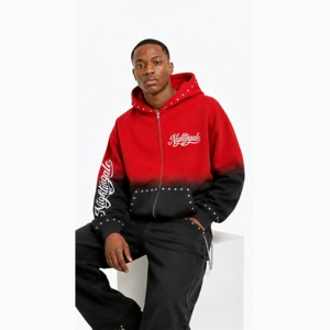 Sweat à capuche oversize pour homme, coupe carrée, avec logo personnalisé, strass, style streetwear, effet délavé soleil, teint et brossé, fermeture éclair ornée de strass - Product Image 3