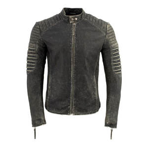 Chaqueta de cuero para motocicleta con triple costura de cuero gris desgastado sin cinturón clásico personalizado para hombre - Product Image 1