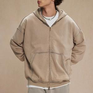Sweat à capuche zippé décontracté en coton épais délavé à l'acide, coupe ample, fermeture éclair double, style rétro, vente en gros - Product Image 5