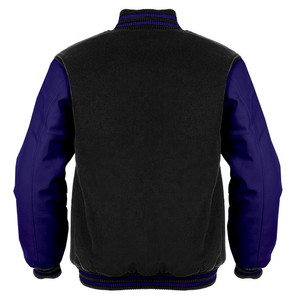 Chaqueta universitaria personalizada de lana negra con mangas de cuero lavanda de estilo americano, chaqueta de béisbol universitaria personalizada para hombres - Product Image 6