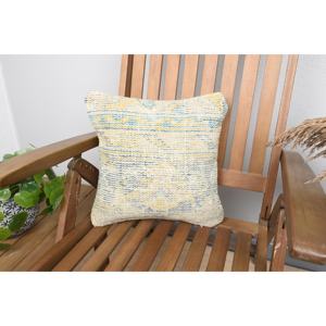 Oreiller Patchwork Kantha en laine jaune 14x14 pouces coussin de boule tissé en tissu brodé Vintage moderne pour usage décoratif à la maison - Product Image 1