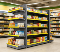 Système d'étagères gondoles double face robustes pour allées de supermarché et présentoirs de vente au détail