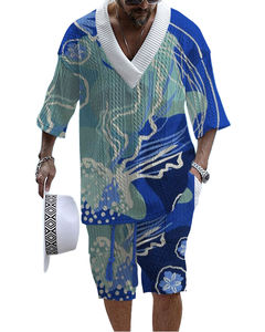 Ensemble deux pièces pour homme, tendance estivale, style vintage, décontracté, t-shirt à manches courtes à col en V, shorts, respirant, tricoté en polyester/coton - Product Image 1