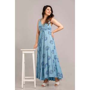 Robe longue évasée sans manches à imprimé floral bleu turquoise - SHKUP1366 Taille élastique XS Respirante pour les journées d'été à la plage - Product Image 1