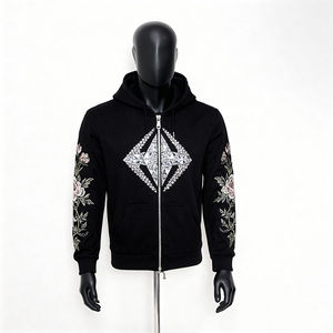 Sweat à capuche vintage pour homme, personnalisé par un designer OEM, effet délavé soleil, avec rivets et strass, fermeture éclair diamant, style streetwear - Product Image 2