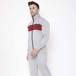 <b>Men</b> Light <b>Grey</b> Casual Tracksuit Set <b>Zip</b> <b>up</b> Jacket with Red Stripe Matching Pants 100% Cotton Fleece Athletic Two Piece Outfit - Product Image 4