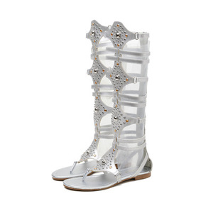 Sandálias femininas gladiadoras romanas com rebites, botas altas e rendas, sapatos elegantes e casuais de praia com zíper, sapatos de verão e joelho, com bico alto - Product Image 2