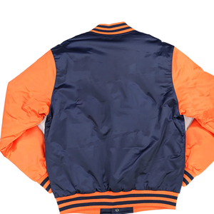 Chaqueta Bomber de Béisbol Varsity Personalizada Azul Marino y Naranja para Hombre, Unisex, Primavera, Seda/Algodón, Logotipo Frontal, Estilo Clásico Universitario - Product Image 4