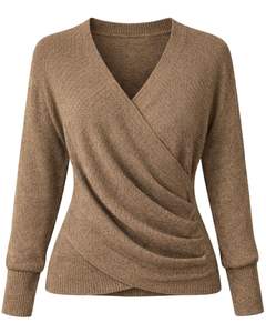 Women Brown <b>Wrap</b> Style Knit Sweater Long Sleeve V <b>Neck</b> Soft Casual Winter Top Elegant Ladies Fashion Pullover For Daily Wear - Product Image 1