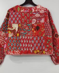 เสื้อคลุมกิโมโนสไตล์โบโฮสำหรับผู้หญิง ผ้าฝ้ายเย็บต่อแบบควิลท์ แขนสั้น สำหรับฤดูหนาว เปิดด้านหน้า แต่งขอบลายทาง ทำมือ ขอบดิบ - Product Image 6