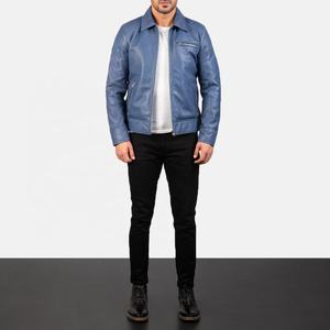 Blouson aviateur en cuir pour homme en bleu ciel, blouson en cuir de mouton personnalisé pour homme, blouson en cuir matelassé pour homme - Product Image 6