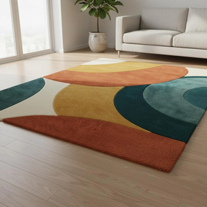 Alfombra de área con mechones y bloques de color retro |   Alfombra Moderna de Mediados de Siglo con Diseño Geométrico Abstracto para Sala de Estar |   Alfombra Boho de Lana Hecha a Mano - Product Image 1