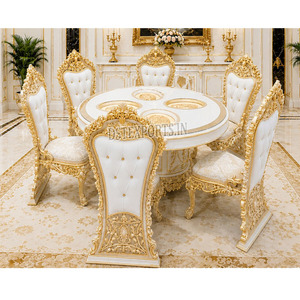 Mesa de Comedor Ovalada de 8 Plazas Tallada a Mano de Primera Calidad con Sillas Tapizadas en Terciopelo, Conjunto de Mesa de Desayuno Estilo Rococó - Product Image 1