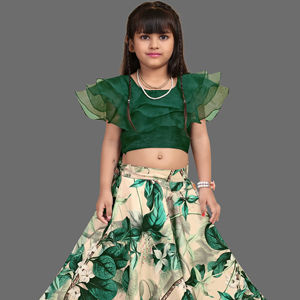 Conjunto de Lehenga Choli Largo con Estampado Floral Indo-Occidental de Shoryam Fashion para Niñas, Mangas con Volantes de Organza, Estilo Étnico para Fiestas Infantiles - Product Image 1