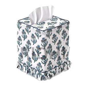 Ridhi Aquamarine Blue Ruffle Block Print Tissue Box Cover Handmade Cotton Fabric Decorative Square Napkin Holder Home Bedroom - Product Image 1
