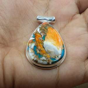 Pendentif en Turquoise Orange Spiny Oyster, Pendentif en Argent Sterling 925, Pendentif Statement, Collier avec Pendentif, Pendentif en Pierre de Grande Taille, Bijoux - Product Image 4